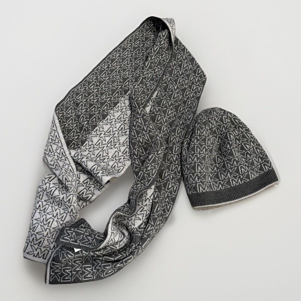 Michael Kors Womens Gray MK Logo Scarf Beanie Hat Set Soft Acrylic